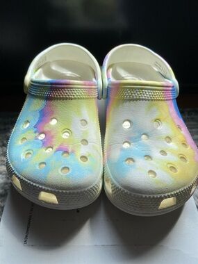 CROCS Kids Tie-Dye Clog Sandals - Yellow, Blue & Pink